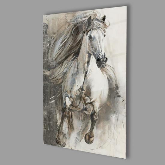 Beyaz At 4mm Dayanıklı Cam Tablo Temperli Cam, White Horse Glass Wall Decor