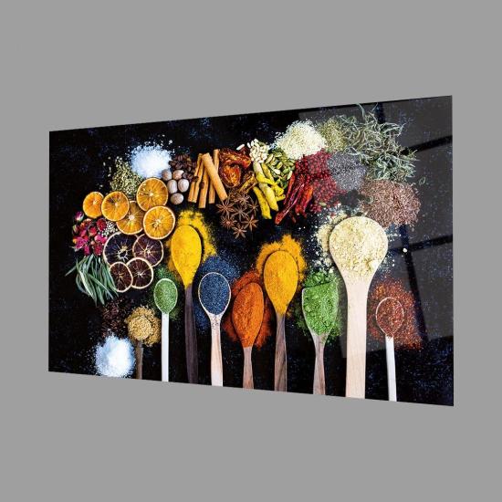 Kaşıklarda Baharatlar Cam Tablo 4mm Dayanıklı Temperli Cam, Fruits on Spoon Glass Wall Decor