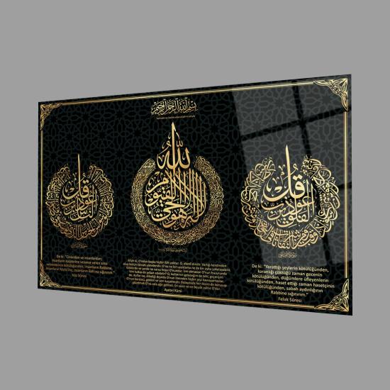 Felak Suresi, Nas Suresi ve Ayetel Kürsi 4mm Dayanıklı Cam Tablo Temperli Cam, Islamic Glass Wall Decor