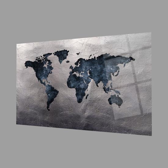 Gri Eskitme Dünya Haritası 4mm Dayanıklı Cam Tablo Temperli Cam, World Map Glass Wall Art