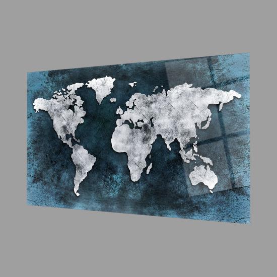 Mavi Gri Eskitme Dünya Haritası 4mm Dayanıklı Cam Tablo Temperli Cam, World Map Glass Wall Art