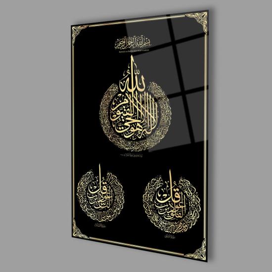 Felak Suresi, Nas Suresi ve Ayetel Kürsi 4mm Dayanıklı Cam Tablo Temperli Cam, Islamic Glass Wall Decor