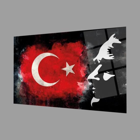 Atatürk Bayrak Atatürk Silüetli Gölgeli Siyah Fonlu Cam Tablo 4mm Dayanıklı Temperli Cam Atatürk Flag Atatürk Silhouette Shadowless Black Background Glass Wall Art