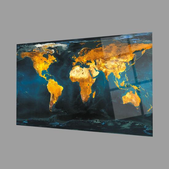 Dünya Haritası Cam Tablo 4mm Dayanalı Temperli Cam - World Map Wall Art