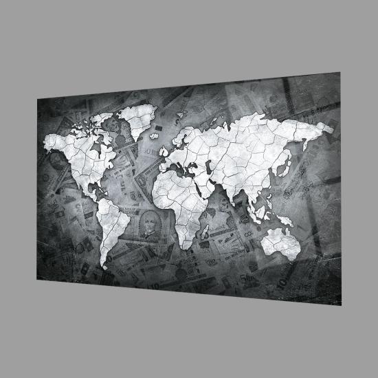 Para Dünya Haritası 4mm Dayanaklı Temperli Cam Tablo, Money World Map Glass Wall Art