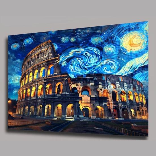 Colosseum ve Yıldızlı Gece Tablosu - Van Gogh Esintili Roma Manzarası - Sanatsal ve Tarihi Dekoratif Duvar Sanatı