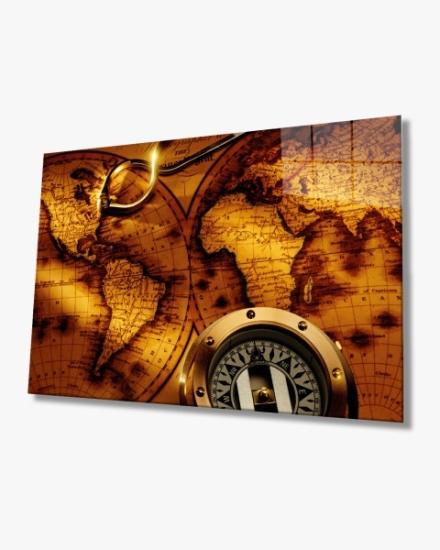 Eksi Dünya Haritası 4mm Dayanıklı Cam Tablo Temperli Cam, Old World Map Glass painting