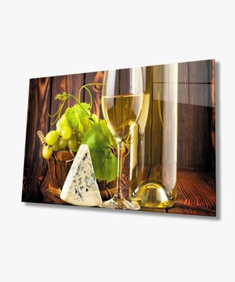 Şarap Peynir Natürmort Mutfak Cam Tablo 4mm Dayanıklı Temperli Cam Wine Cheese Still Life Kitchen Glass Wall Art