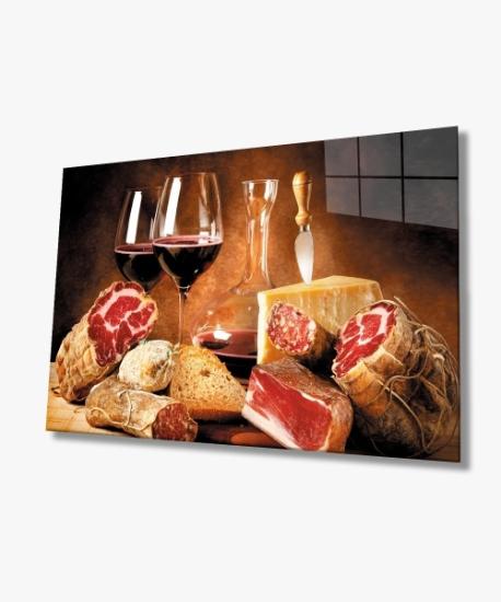 İsli Et Şarap Mutfak Natürmort Cam Tablo 4mm Dayanıklı Temperli Cam Smoked Meat Wine Kitchen Still Life Glass Wall Art