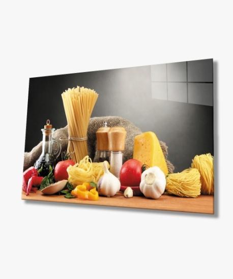 Makarna Sebze Besinler Mutfak Cam Tablo 4mm Dayanıklı Temperli Cam Pasta Vegetables Foods Kitchen Glass Wall Art