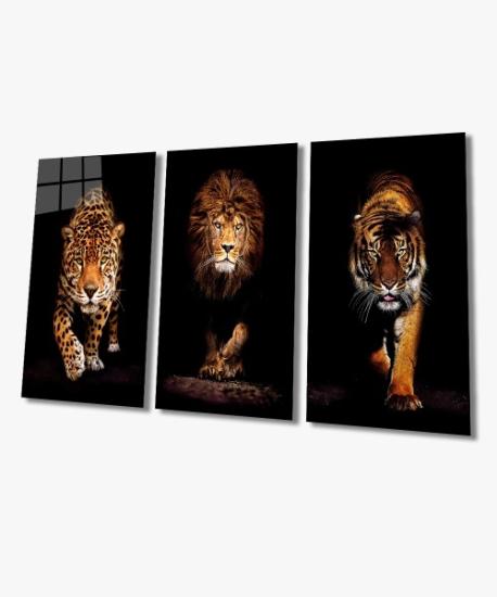 3’lü Hayvan Kombin (Aslan, Kaplan ve Jaguar) Cam Tablo 4mm Dayanıklı Temperli Cam, Lion, Tiger Jaguar Combine Glass Wall Decor