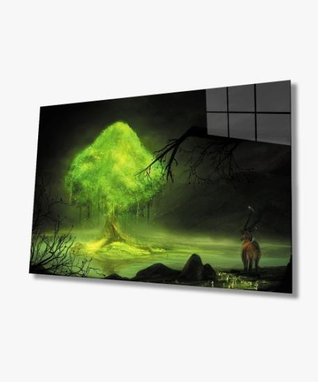 İllustrasyon Manzara Hayvan Yeşil Cam Tablo 4mm Dayanıklı Temperli Cam Illustration Landscape Animal Green Glass Wall Art