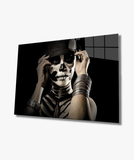 Kadınlar Kafatası Makyaj Cam Tablo 4mm Dayanıklı Temperli Cam, Women Skull Makeup Glass Wall Art